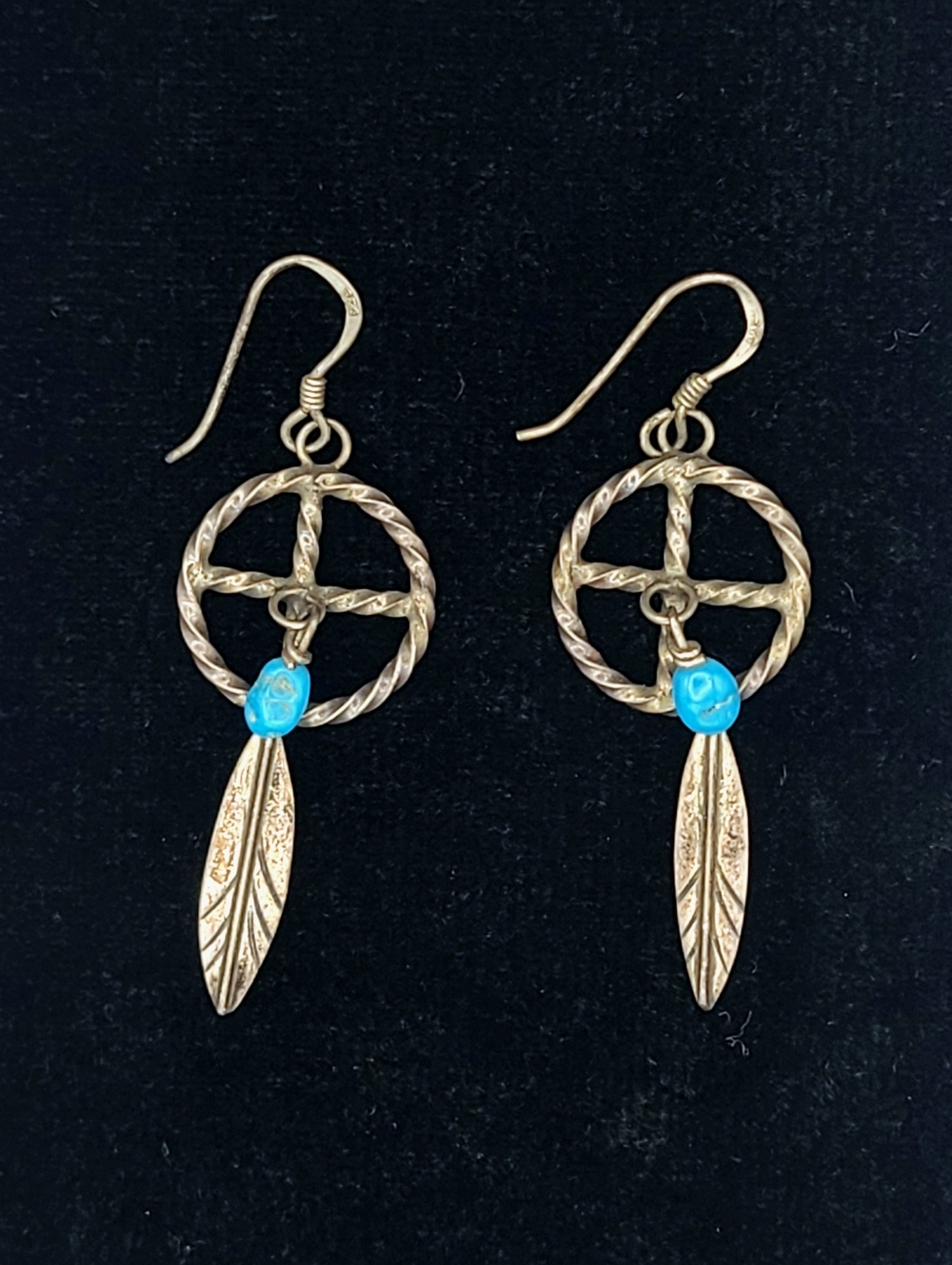 Vintage Native Turquoise 925 Silver Dreamcatcher Drop Earrings - Women Jewelry